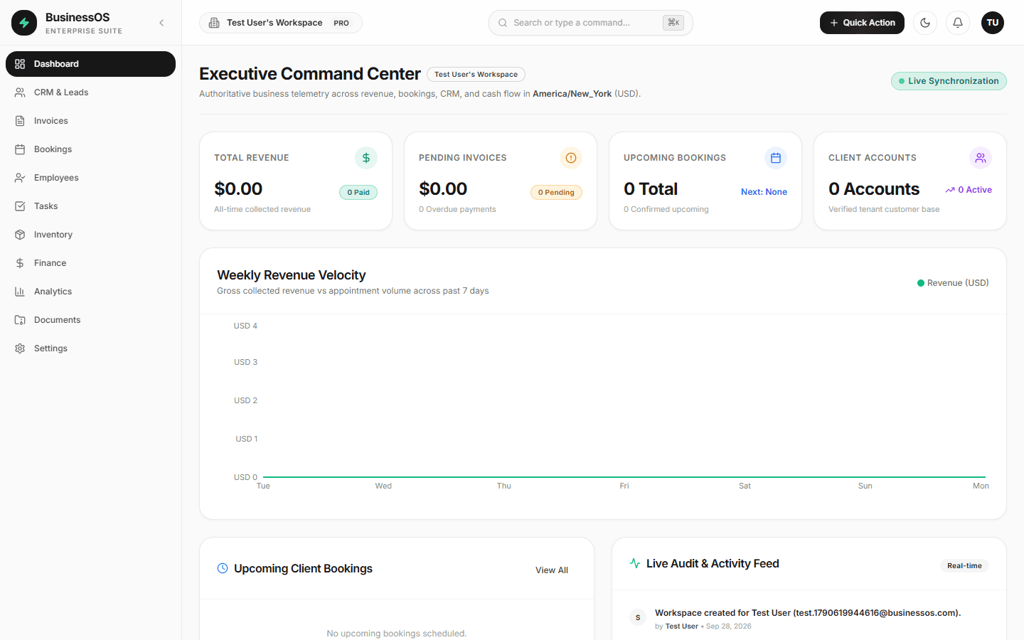 BusinessOS dashboard in a test workspace