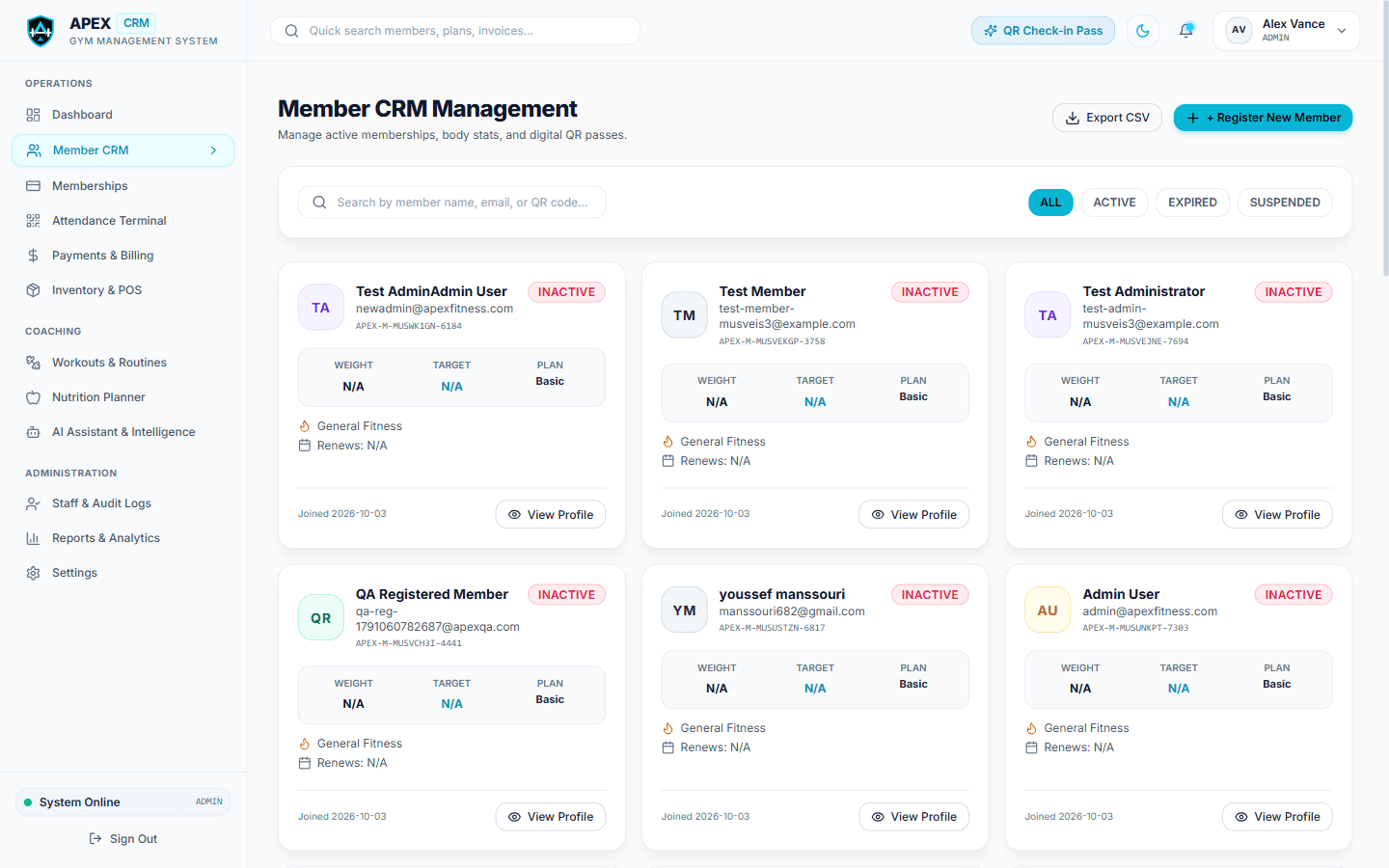 Gym CRM - Member Directory & Subscription Lifecycle States
