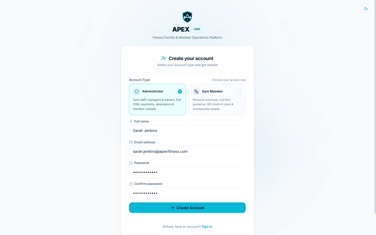 Gym CRM - 5-Role RBAC & Partitioned Registration